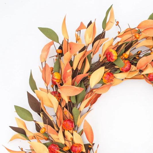 22" Autumn Beech Leaf and Pumpkin Wreath Floral Living