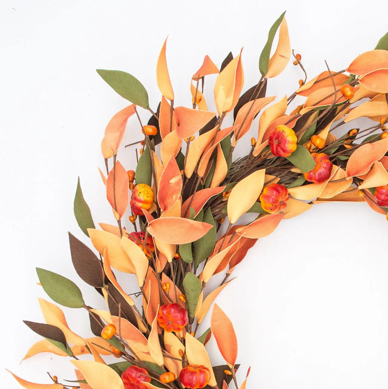 22" Autumn Beech Leaf and Pumpkin Wreath Floral Living