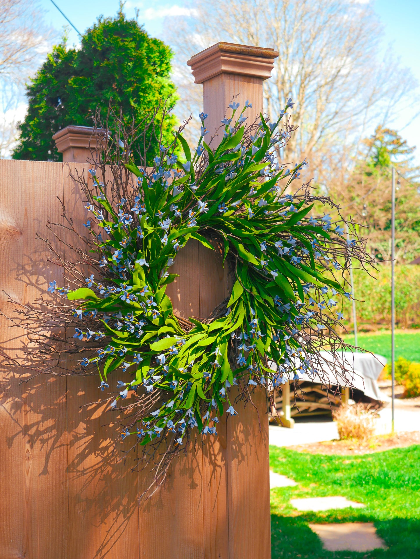 Crafted In the USA. 24" Forget-Me-Not Twig Wreath