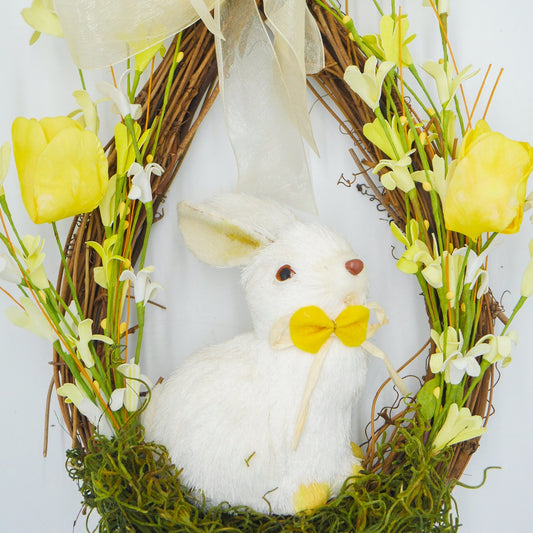 16" Yellow Tulip, Forsythia Bunny Teardrop Wreath