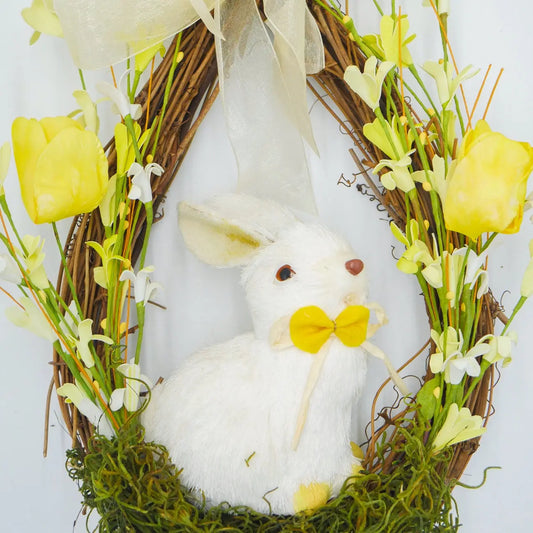 16" Yellow Tulip, Forsythia Bunny Teardrop Wreath Floral Living
