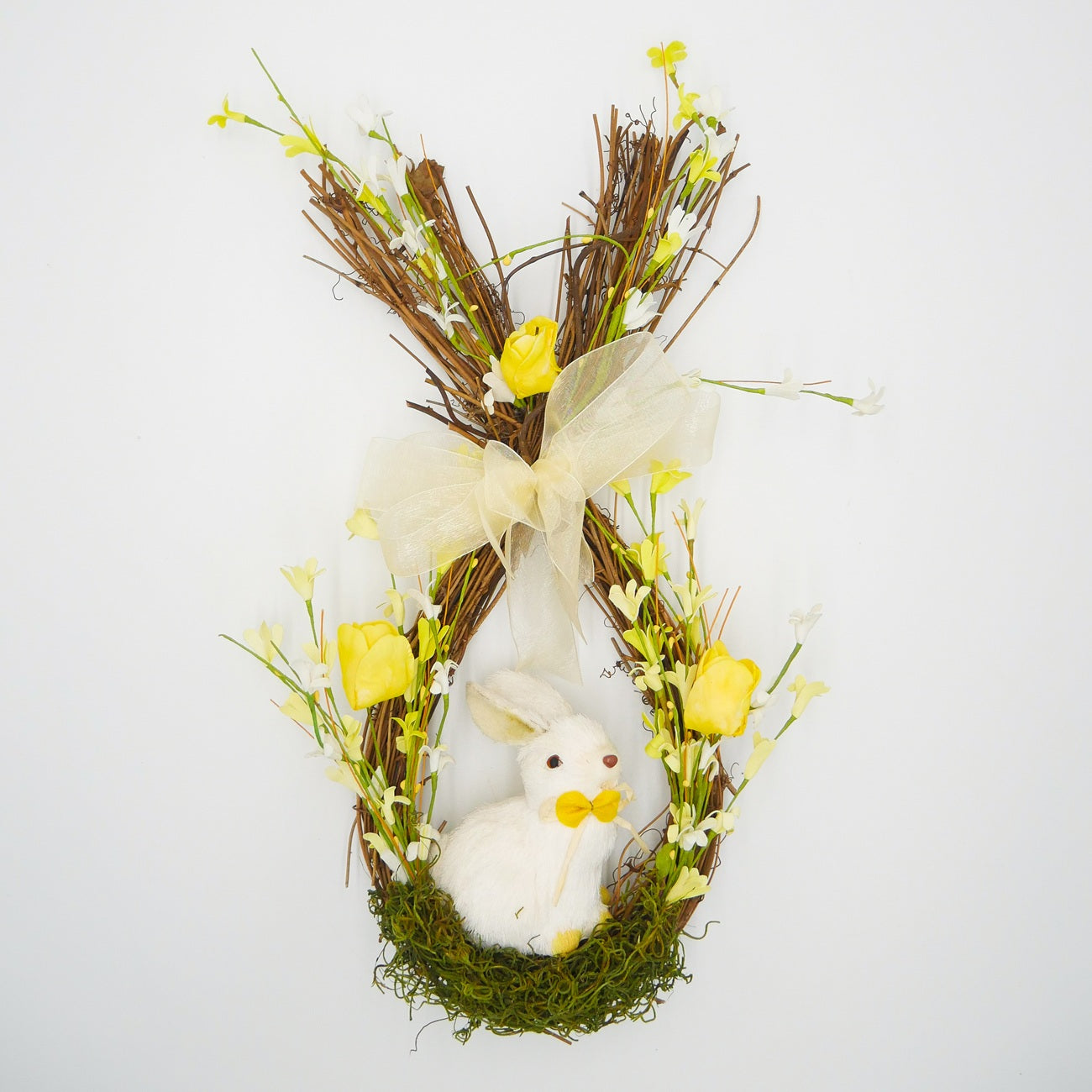 16" Yellow Tulip, Forsythia Bunny Teardrop Wreath