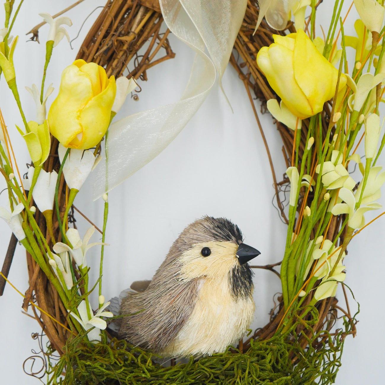 16" Yellow Tulip, Forsythia Chickadee Teardrop Wreath