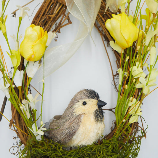 16" Yellow Tulip, Forsythia Chickadee Teardrop Wreath