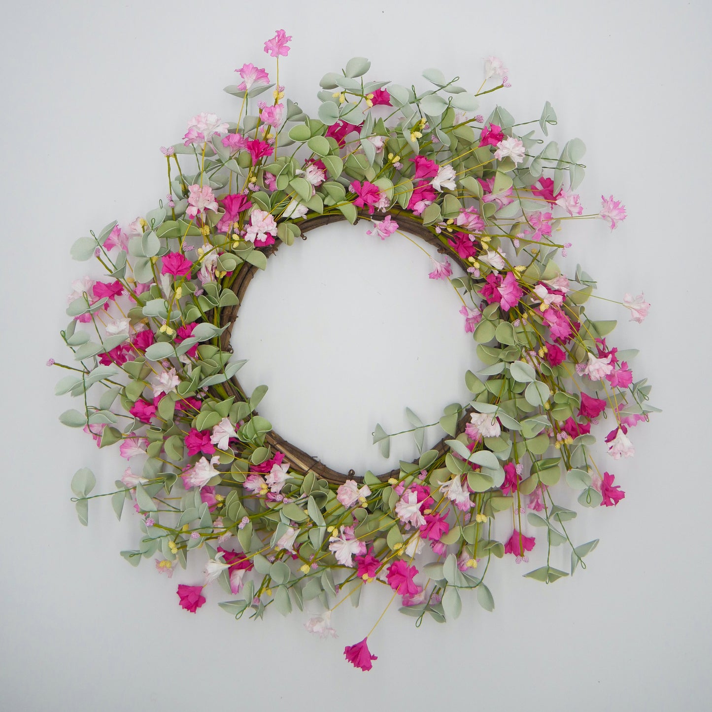 22" Cream, Pink Larkspur, Eucalyptus Wreath