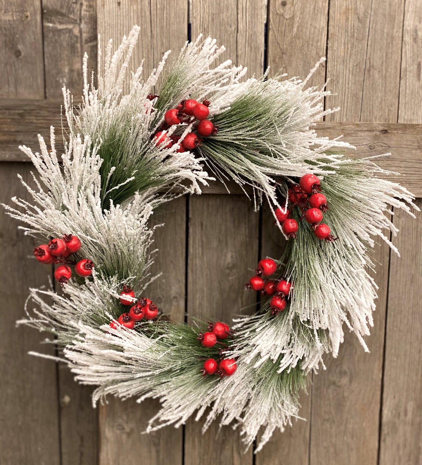 Snowy Pine Holiday Wreath with Cherries