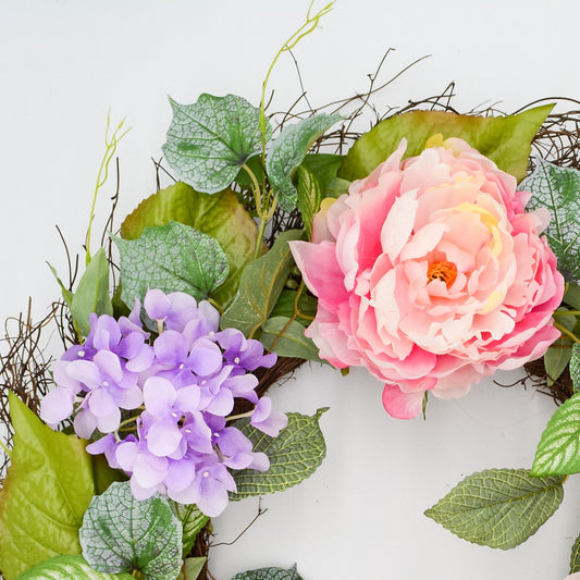 26" Pink, Purple Hydrangea, Peony Twig Wreath