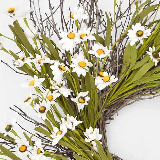 Crafted in The USA, 24" White Ox-Eye Daisy Twig Wreath Floral Living