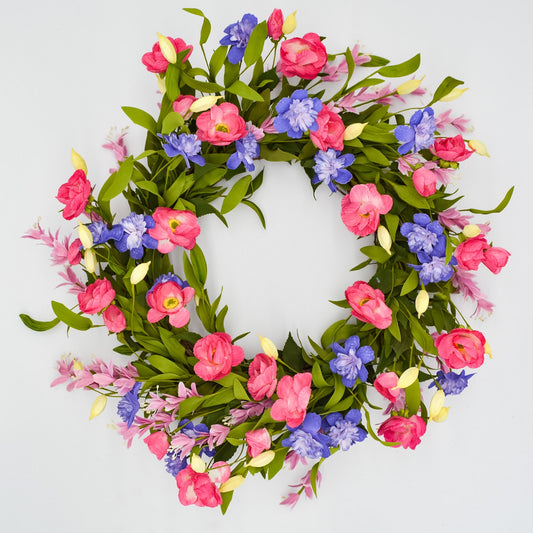 26" Pink Poppy and Purple Lisianthus Wreath