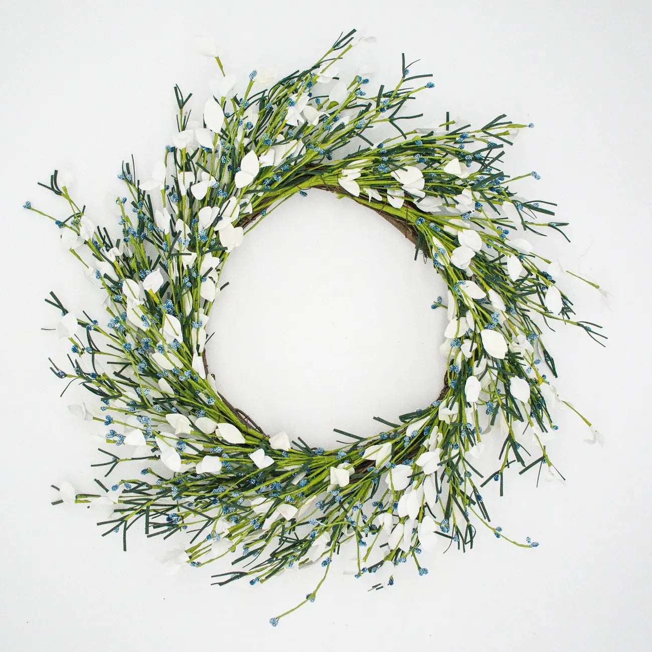 22" Cream, White, Blue Bud Meadowlark Wreath Floral Living