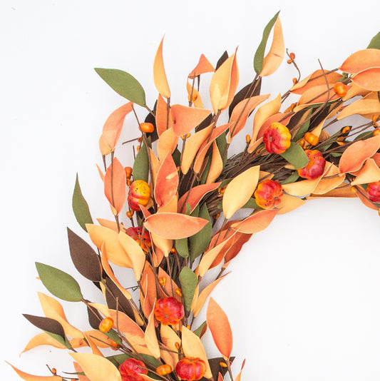 22" Autumn Beech Leaf and Pumpkin Wreath