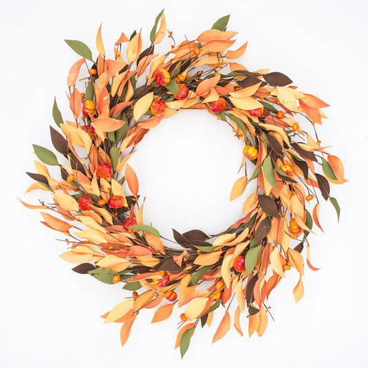 22" Autumn Beech Leaf and Pumpkin Wreath Floral Living