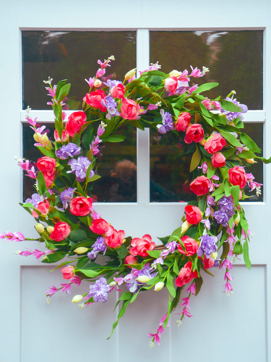 26" Pink Poppy and Purple Lisianthus Wreath