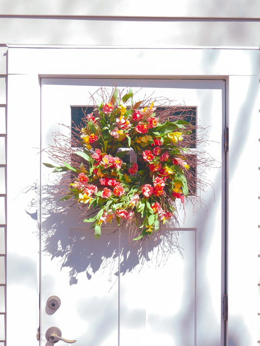 Crafted in the USA, 24" Peach Blossom Lupine Twig Wreath Floral Living