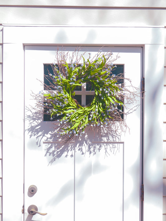 Crafted In the USA. 24" Forget-Me-Not Twig Wreath