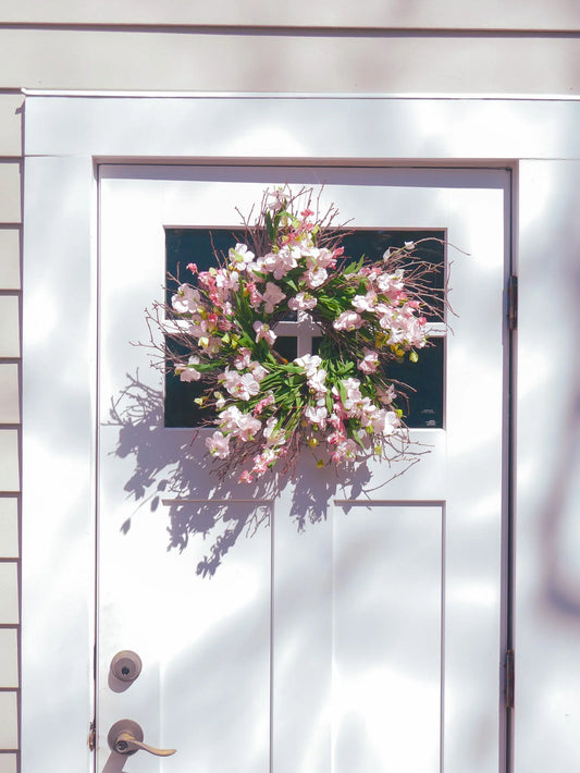 Crafted In the USA. 24" Pink Apple Blossom Twig Wreath Floral Living