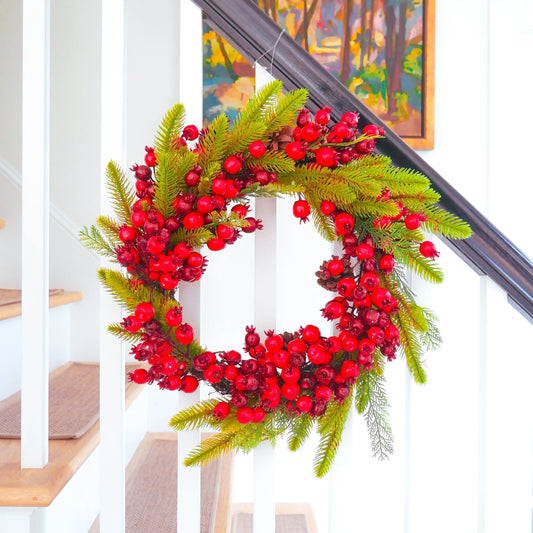 22" Mixed Evergreen Holiday wreath with Large Berries Floral Living