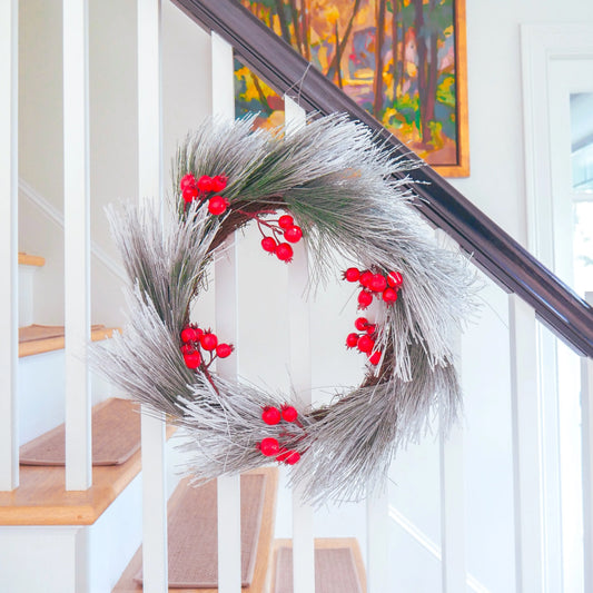 26" Snowy Pine Holiday Wreath with Cherries Floral Living