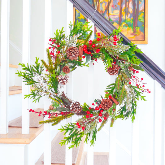 22" Snowy Mixed Green, Cinnamon Wreath