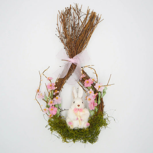 16" Two-tone Pink Plum Blossom, Bunny Tear Drop Wreath Floral Living