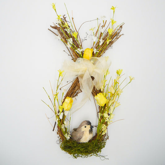 16" Yellow Tulip, Forsythia Chickadee Teardrop Wreath