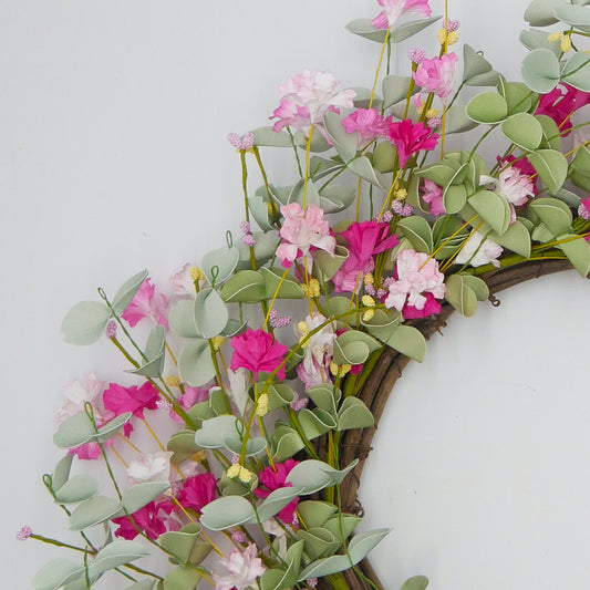 22" Cream, Pink Larkspur, Eucalyptus Wreath