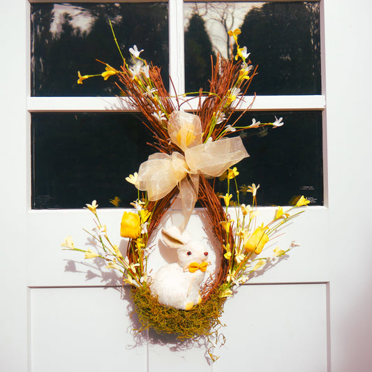 16" Yellow Tulip, Forsythia Bunny Teardrop Wreath