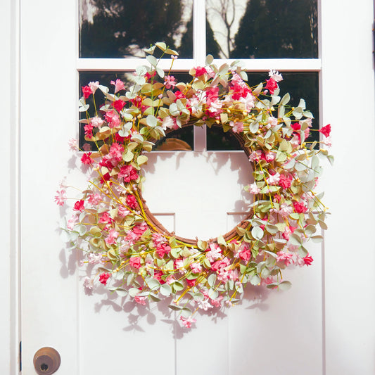 22" Cream, Pink Larkspur, Eucalyptus Wreath Floral Living