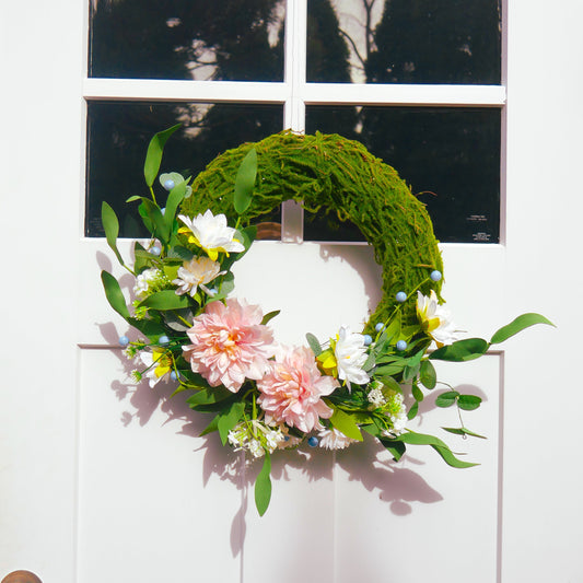 18" Dahlia, Eucalyptus, Moss Wreath Floral Living