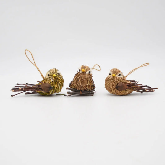 3" Natural Grass Bird Ornaments, 3 Assorted Floral Living