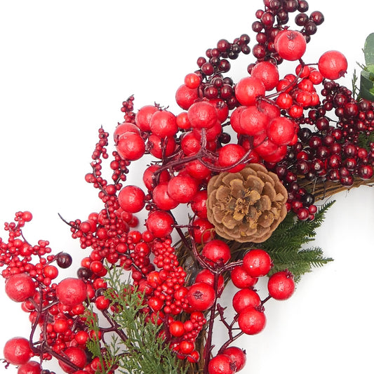 22" Red Berry Leaf Wreath with Pinecones