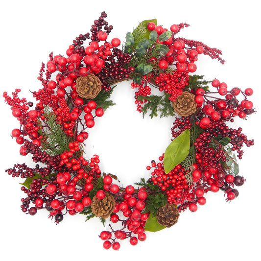 22" Red Berry Leaf Wreath with Pinecones