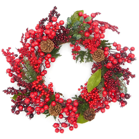 22" Red Berry Leaf Wreath with Pinecones Floral Living