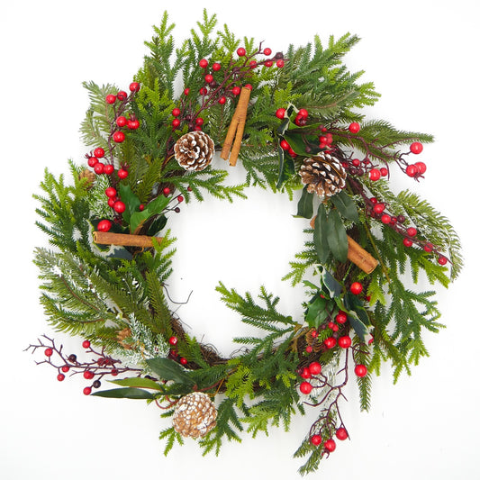 22" Snowy Mixed Green, Cinnamon Wreath