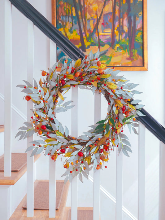 22" Blue Walnut, Pumpkin, Berry Wreath Floral Living