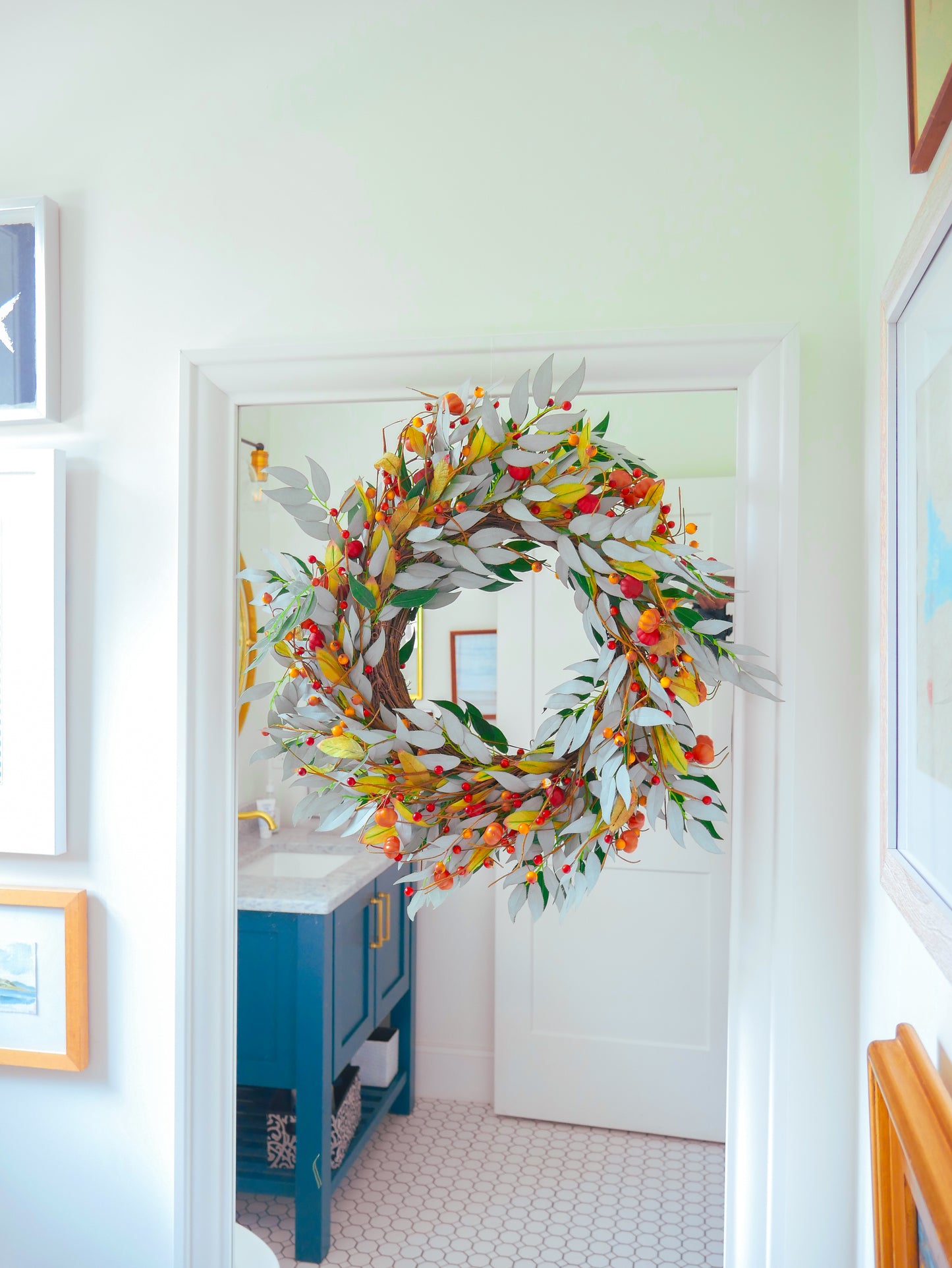 22" Blue Walnut, Pumpkin, Berry Wreath