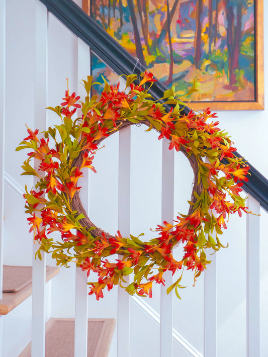 22" Orange Trumpet Vine Wreath Floral Living