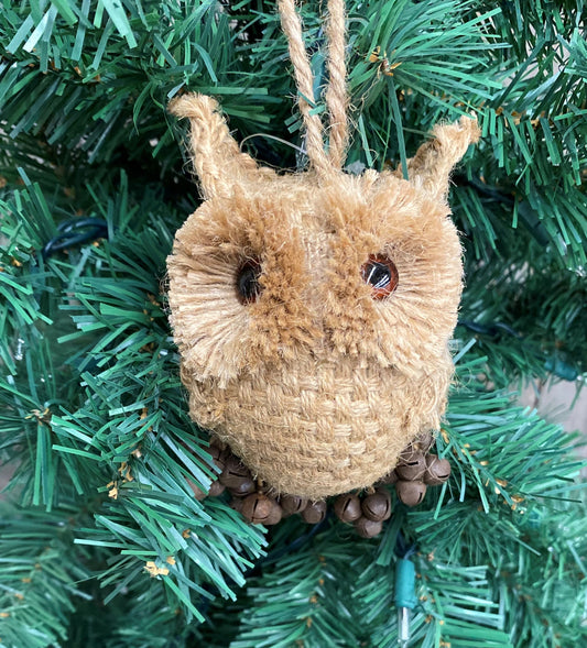 Burlap jingle bell owl ornament