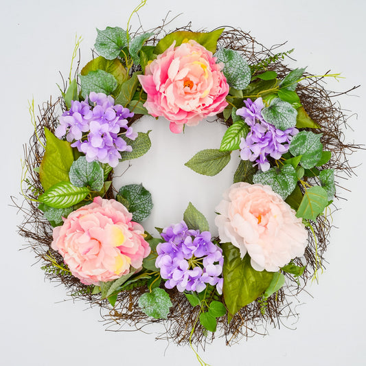 26" Pink, Purple Hydrangea, Peony Twig Wreath