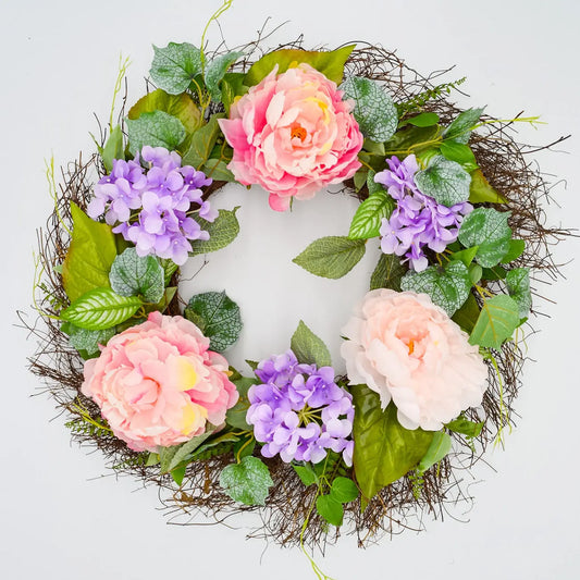 26" Pink, Purple Hydrangea, Peony Twig Wreath Floral Living