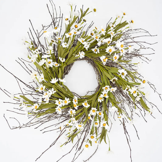 Crafted in The USA, 24" White Ox-Eye Daisy Twig Wreath Floral Living
