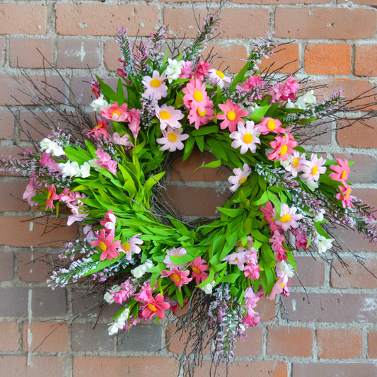 Pink Cream Larkspur Daisy Twig Wreath